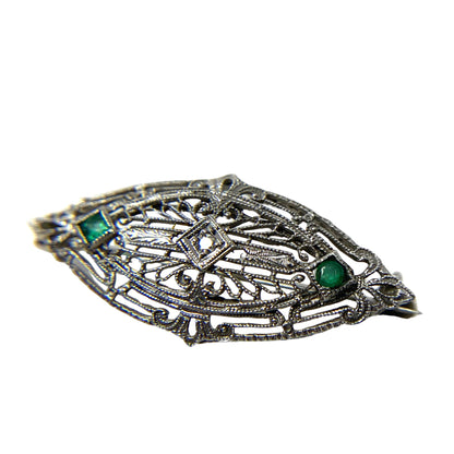14K Gold Antique Emerald & Diamond Filigree Brooch