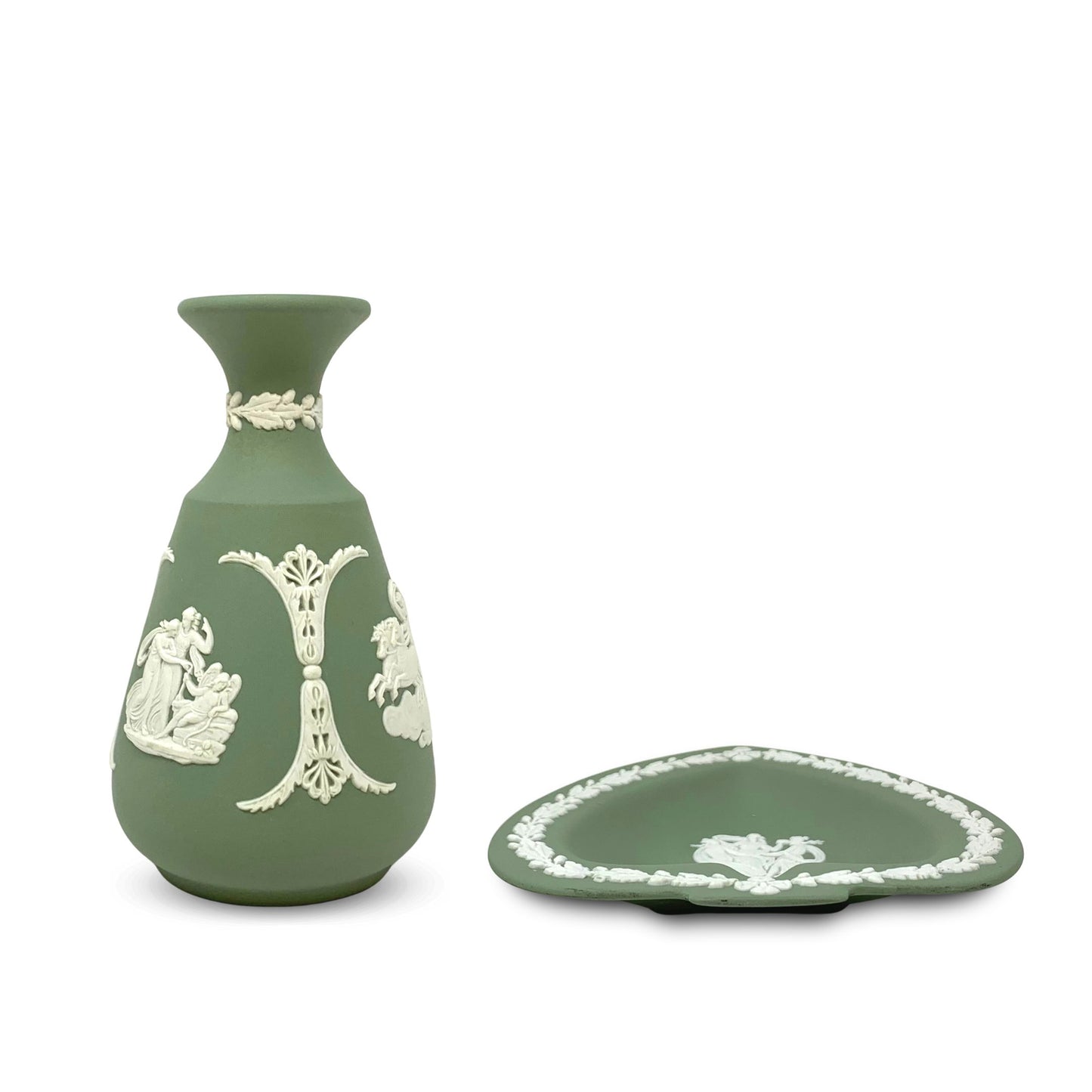 Wedgwood Sage Green Jasperware Small Bud Vase & Spade Dish (2pcs)
