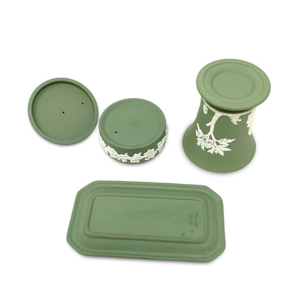 Wedgwood Sage Green Jasperware Trinket Box, Spill Vase, & Trinket Dish (3pcs)