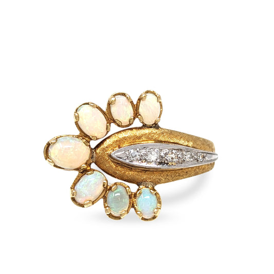 18K Gold Opal & Diamond Peacock Ring - Size 7