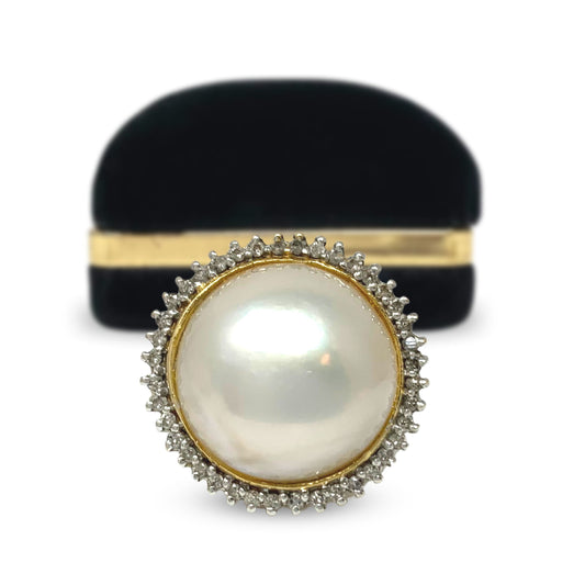 Vintage 14K Gold 21mm Pearl & Diamond Ring - Size 6