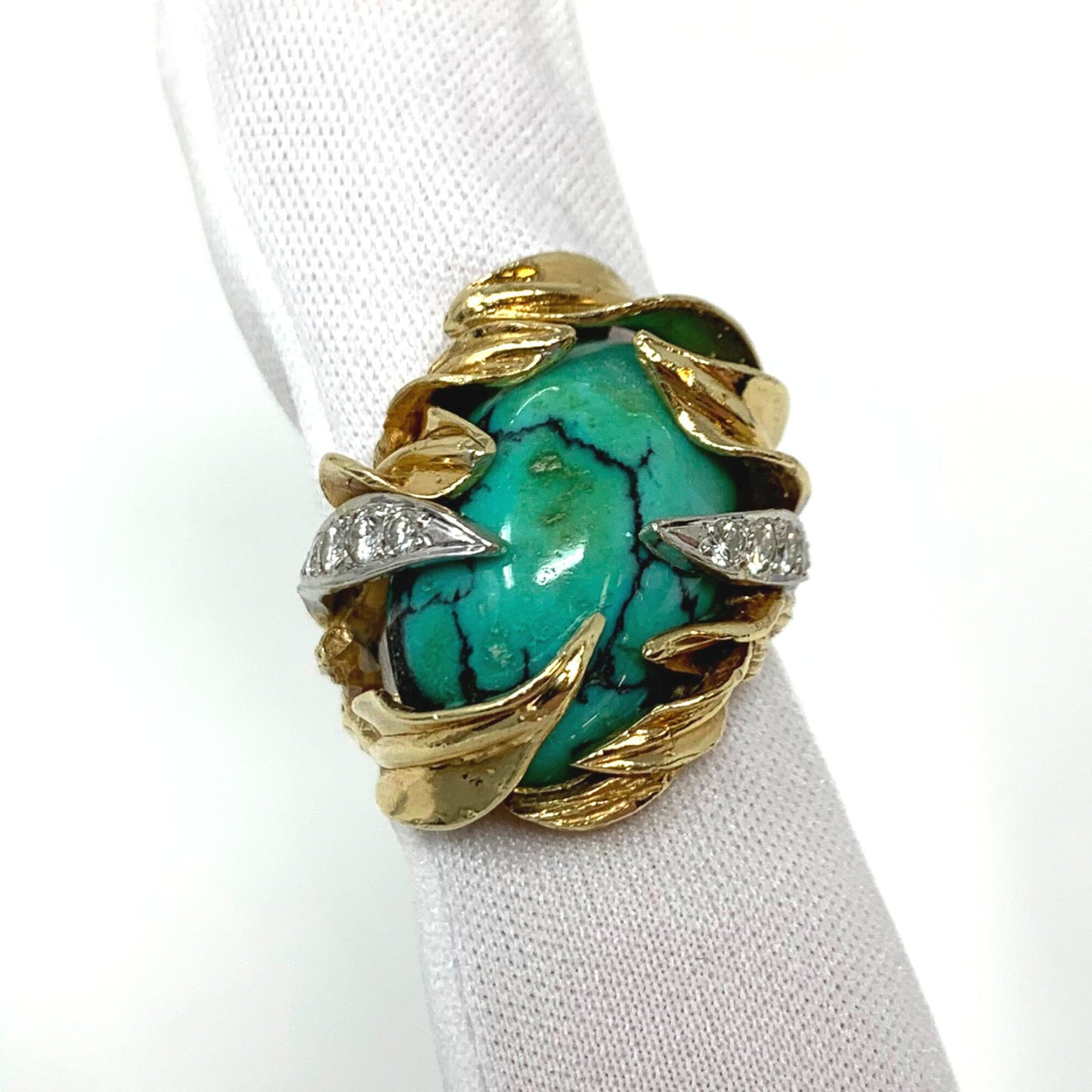 Custom 14K Gold Spider Turquoise & Diamond Ring - Size 6.25