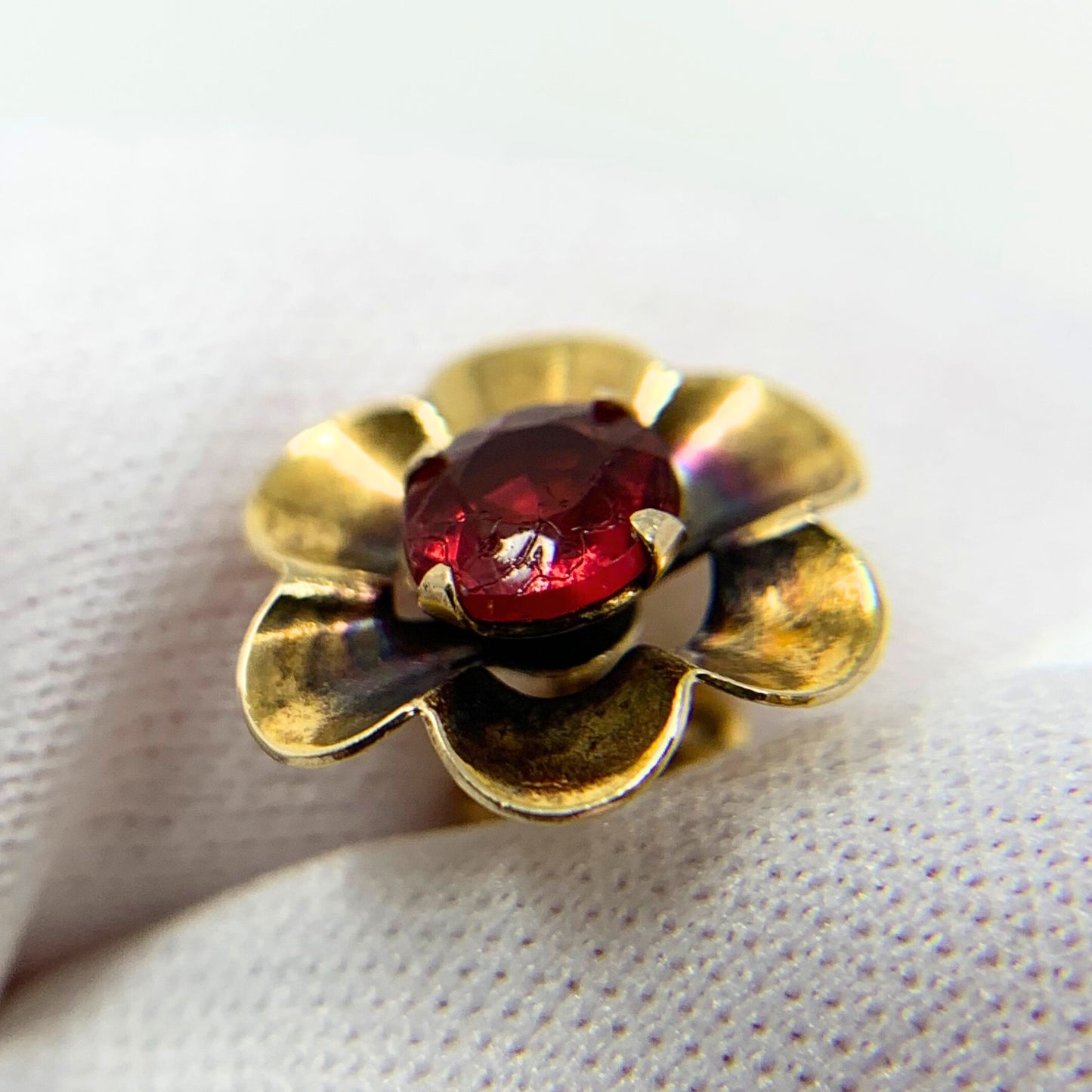 Antique 10K Rose Gold & Faux Ruby Pierced Flower Screw-Back Earrings
