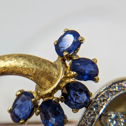 Vintage 18K Gold Sapphire & Diamond Peacock Brooch