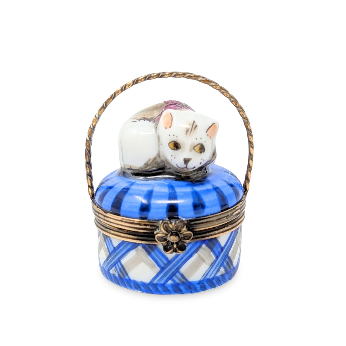 Vintage Limoges-Style Trinket Box, Cat on a Basket