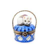 Vintage Limoges-Style Trinket Box, Cat on a Basket