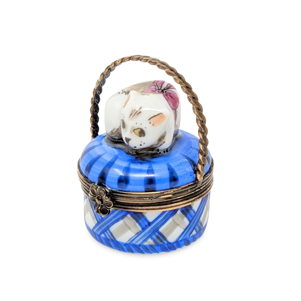 Vintage Limoges-Style Trinket Box, Cat on a Basket