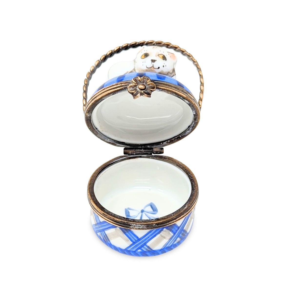Vintage Limoges-Style Trinket Box, Cat on a Basket