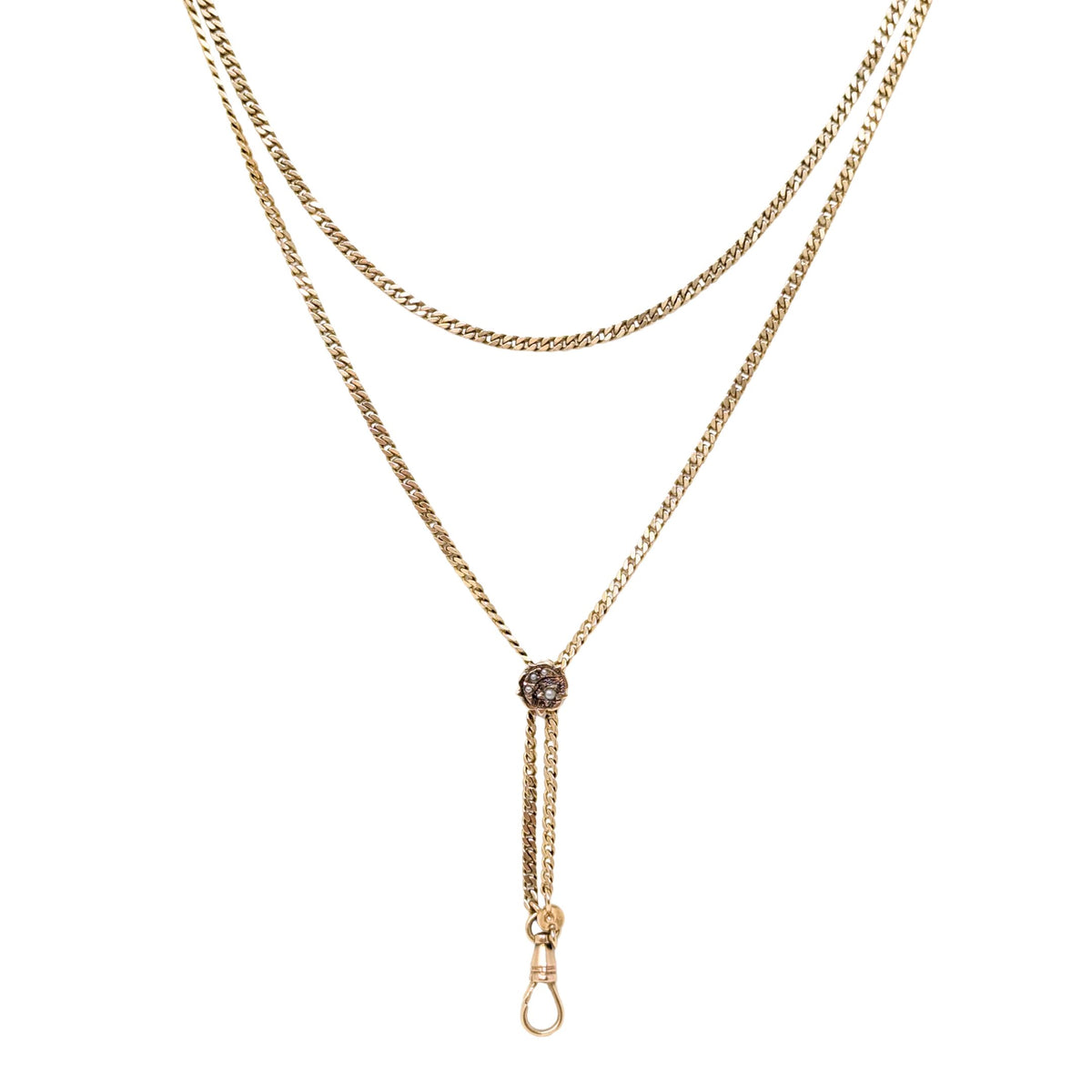 12K Gold Edwardian 56” Pearl Slide Lariat Ladies Pocket Watch Pendant Chain