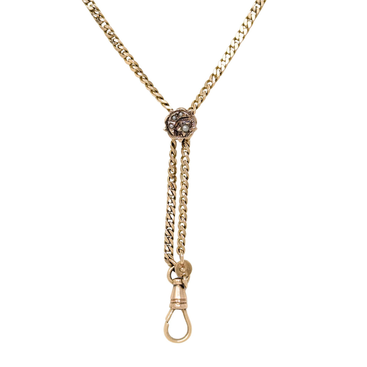 12K Gold Edwardian 56” Pearl Slide Lariat Ladies Pocket Watch Pendant Chain