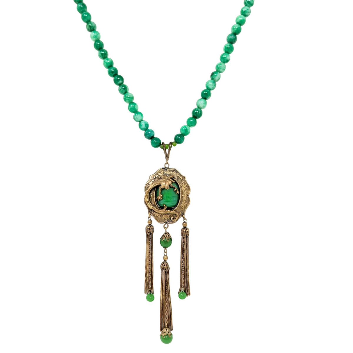 Japanese Vintage 22” Green Jade Bead Dragon/Fire Drake Pendant Necklace