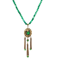 Japanese Vintage 22” Green Jade Bead Dragon/Fire Drake Pendant Necklace