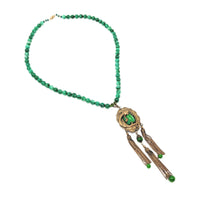 Japanese Vintage 22” Green Jade Bead Dragon/Fire Drake Pendant Necklace