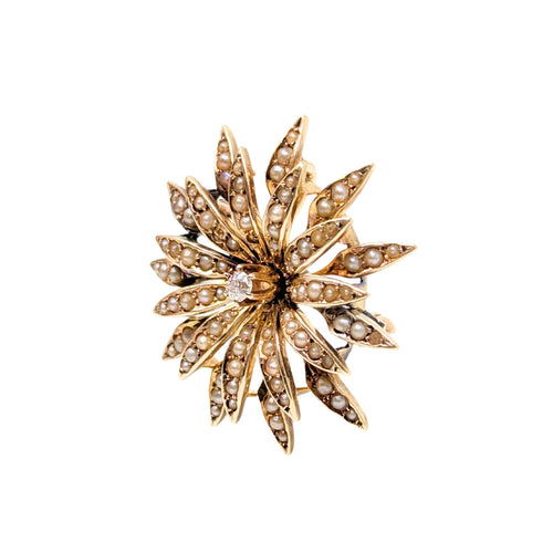 Antique 13K Gold, Diamond, & Pearl Flower Pendant/Brooch