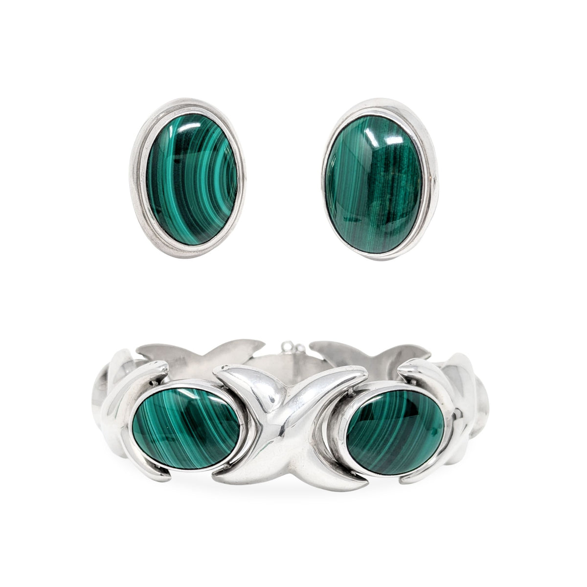 Inger K Native American Modernist Sterling Malachite Bracelet & Earrings