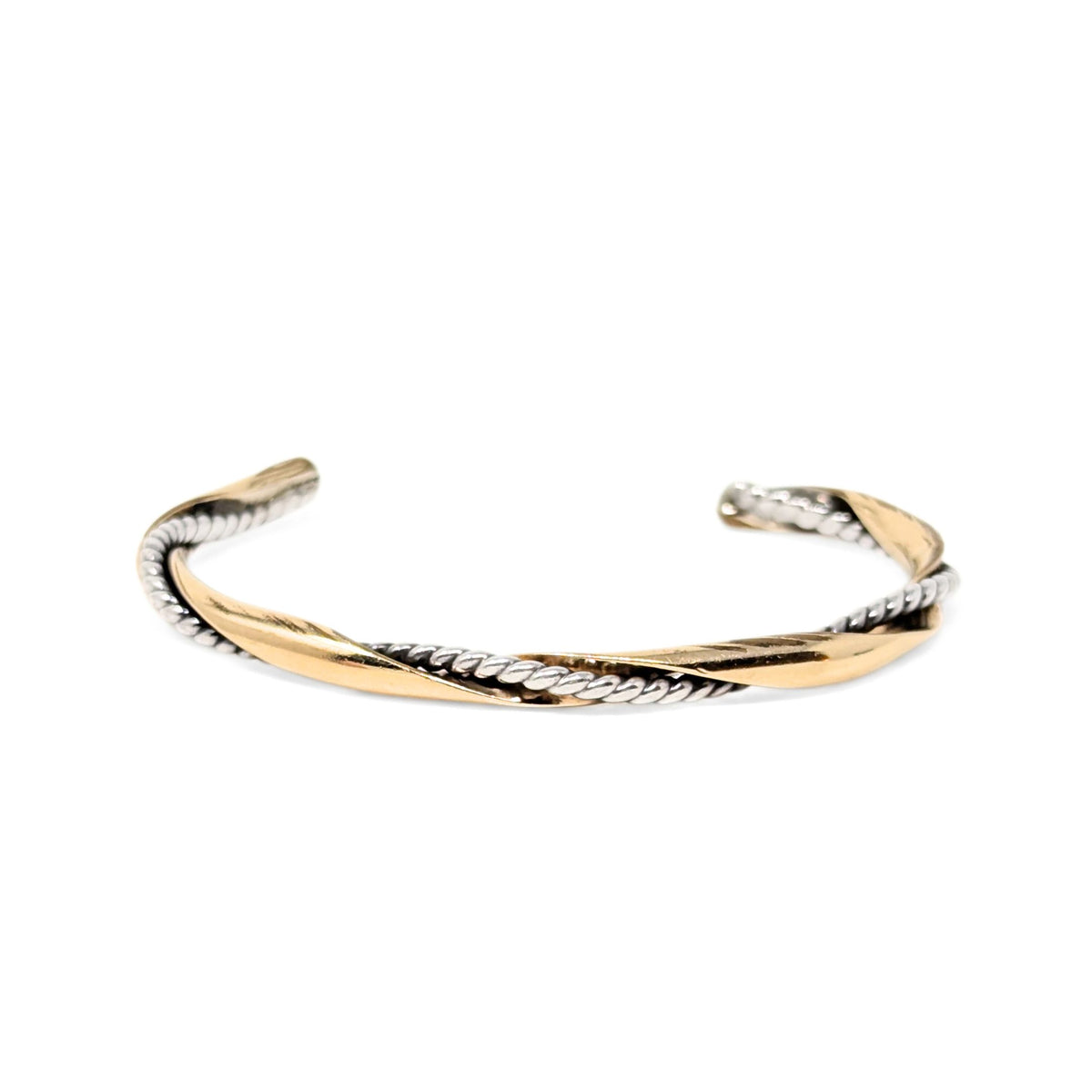 Vintage Handmade 9K Gold Bar & Sterling Rope Twisted Cuff Bracelet