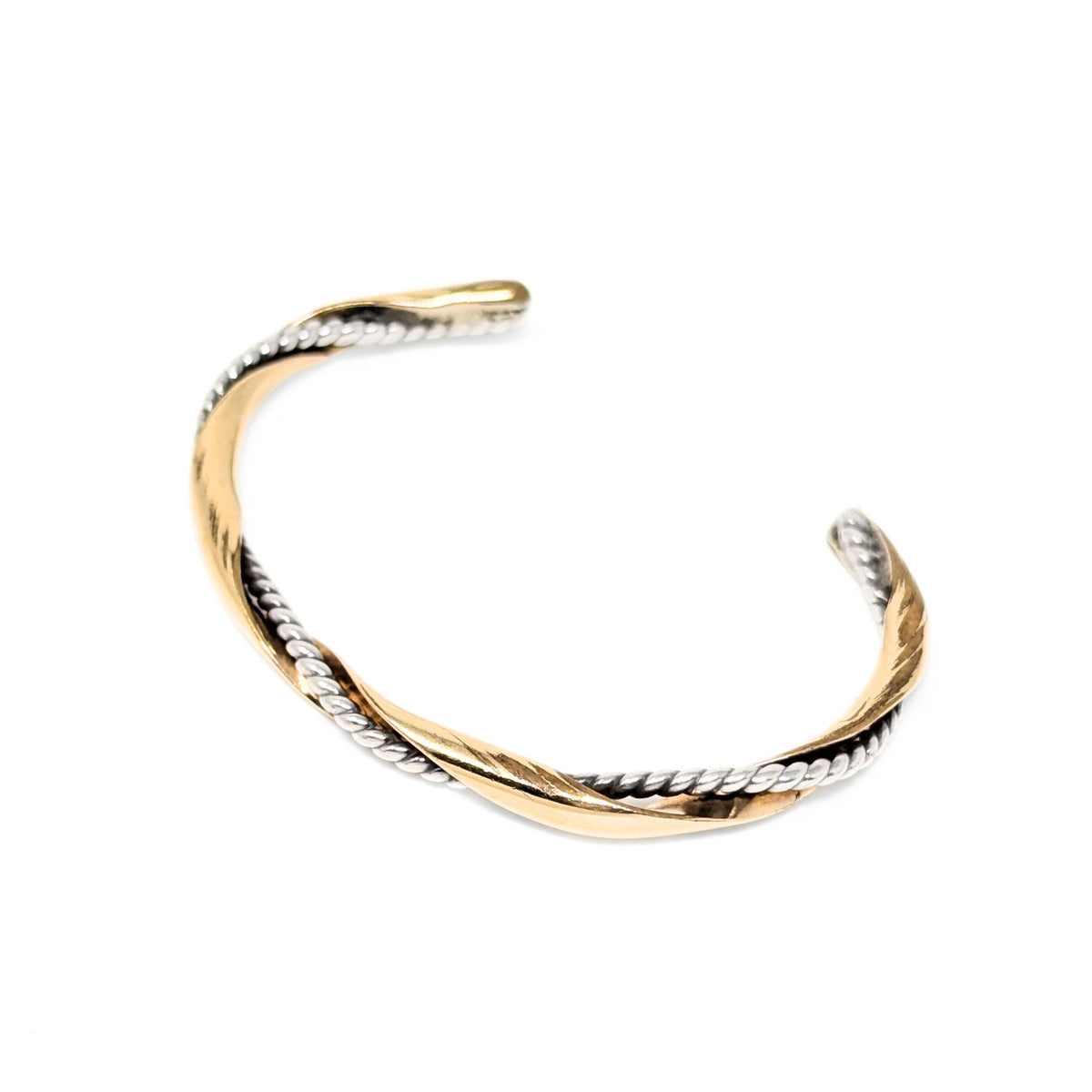 Vintage Handmade 9K Gold Bar & Sterling Rope Twisted Cuff Bracelet