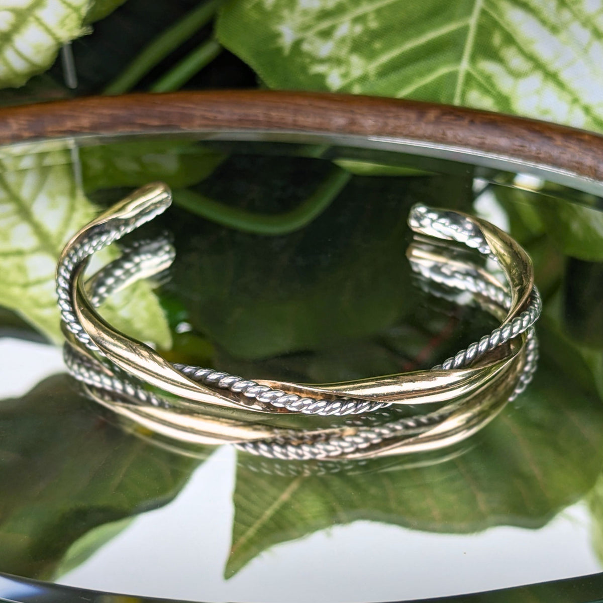 Vintage Handmade 9K Gold Bar & Sterling Rope Twisted Cuff Bracelet