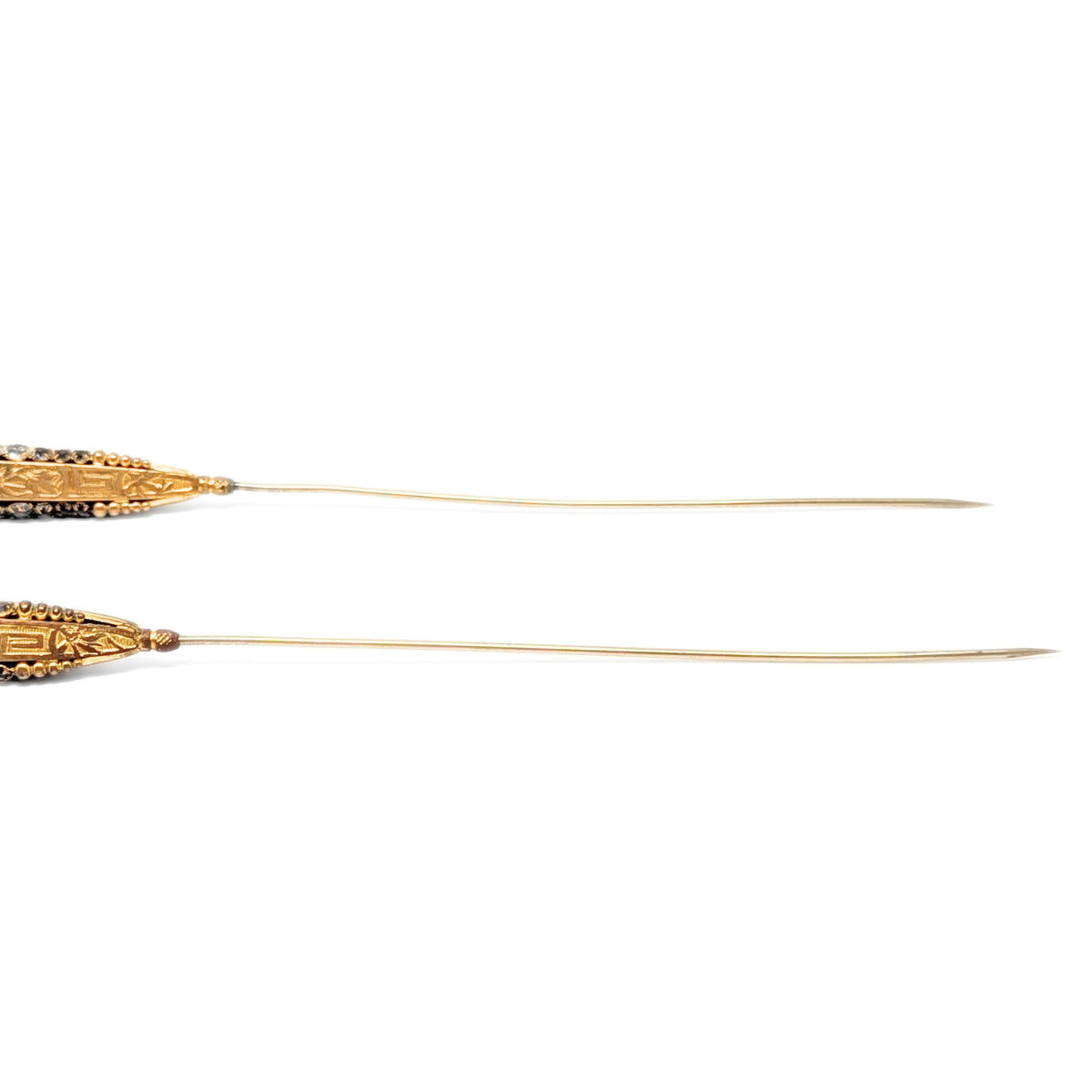 Victorian Etruscan Revival Gold Tone & Rhinestone Hat Pins (Pair)