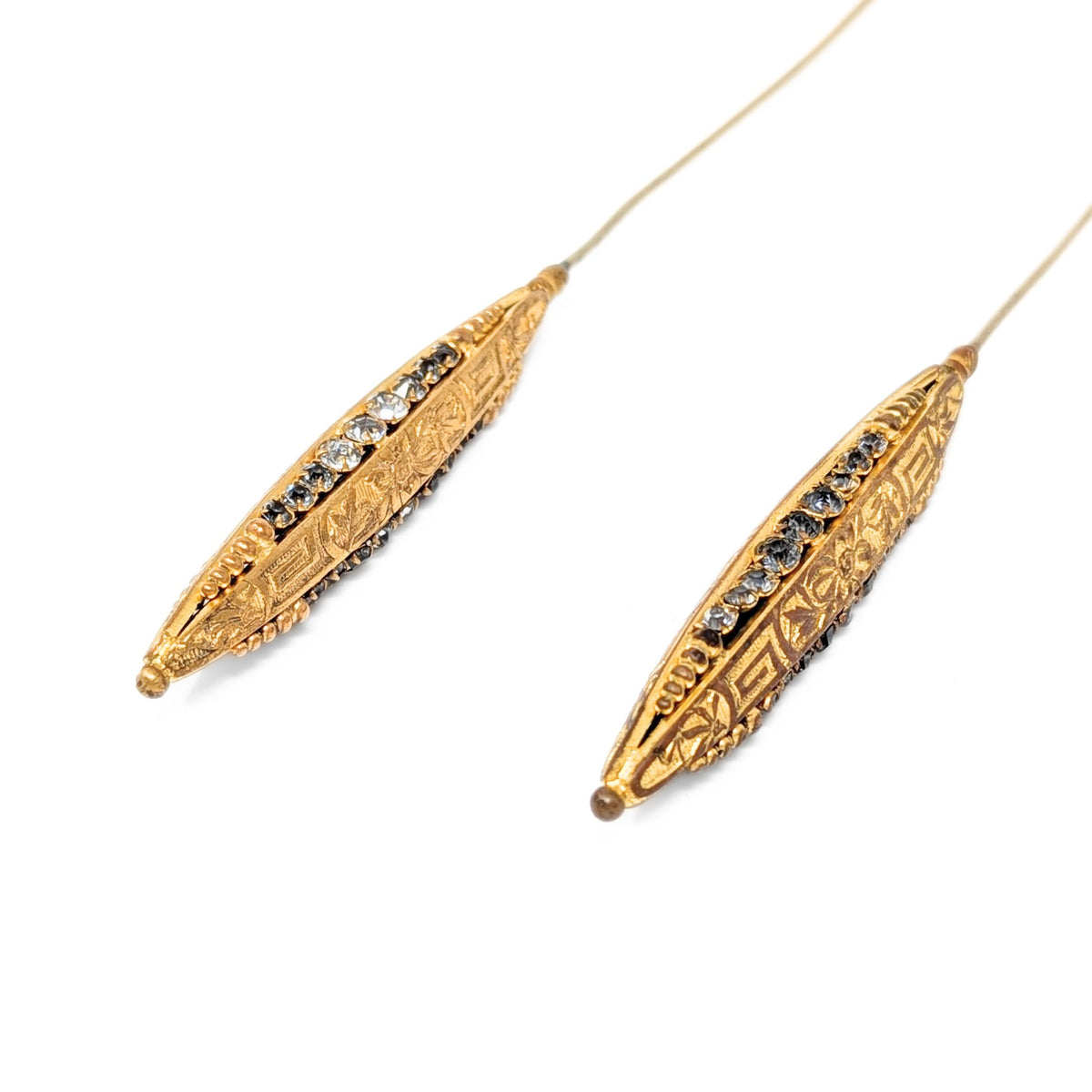 Victorian Etruscan Revival Gold Tone & Rhinestone Hat Pins (Pair)