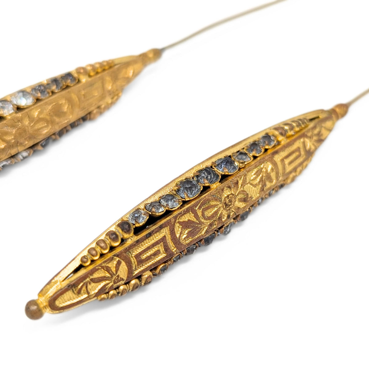 Victorian Etruscan Revival Gold Tone & Rhinestone Hat Pins (Pair)