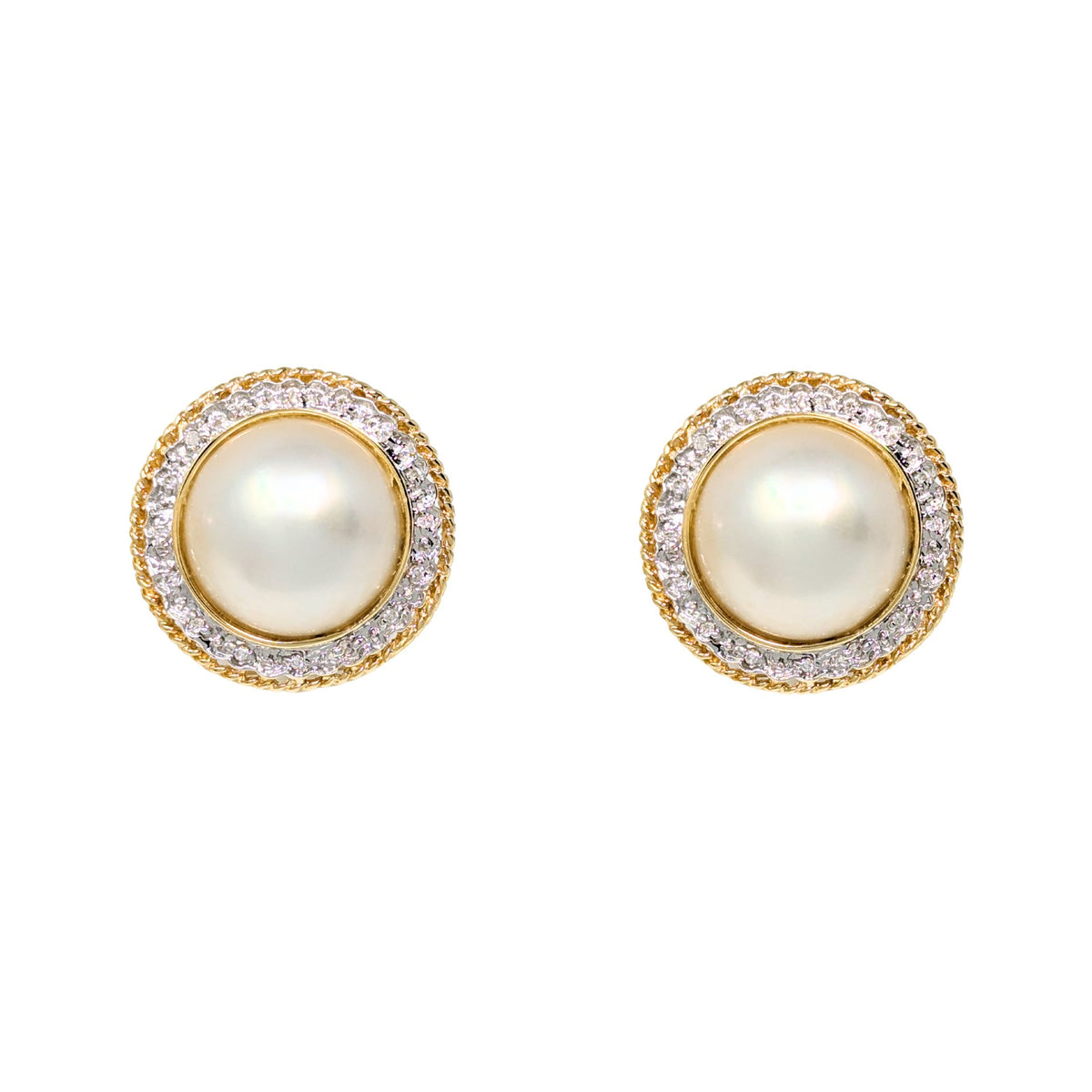 14K Gold Mabe Pearl & Diamond Button Omega-Back Earrings