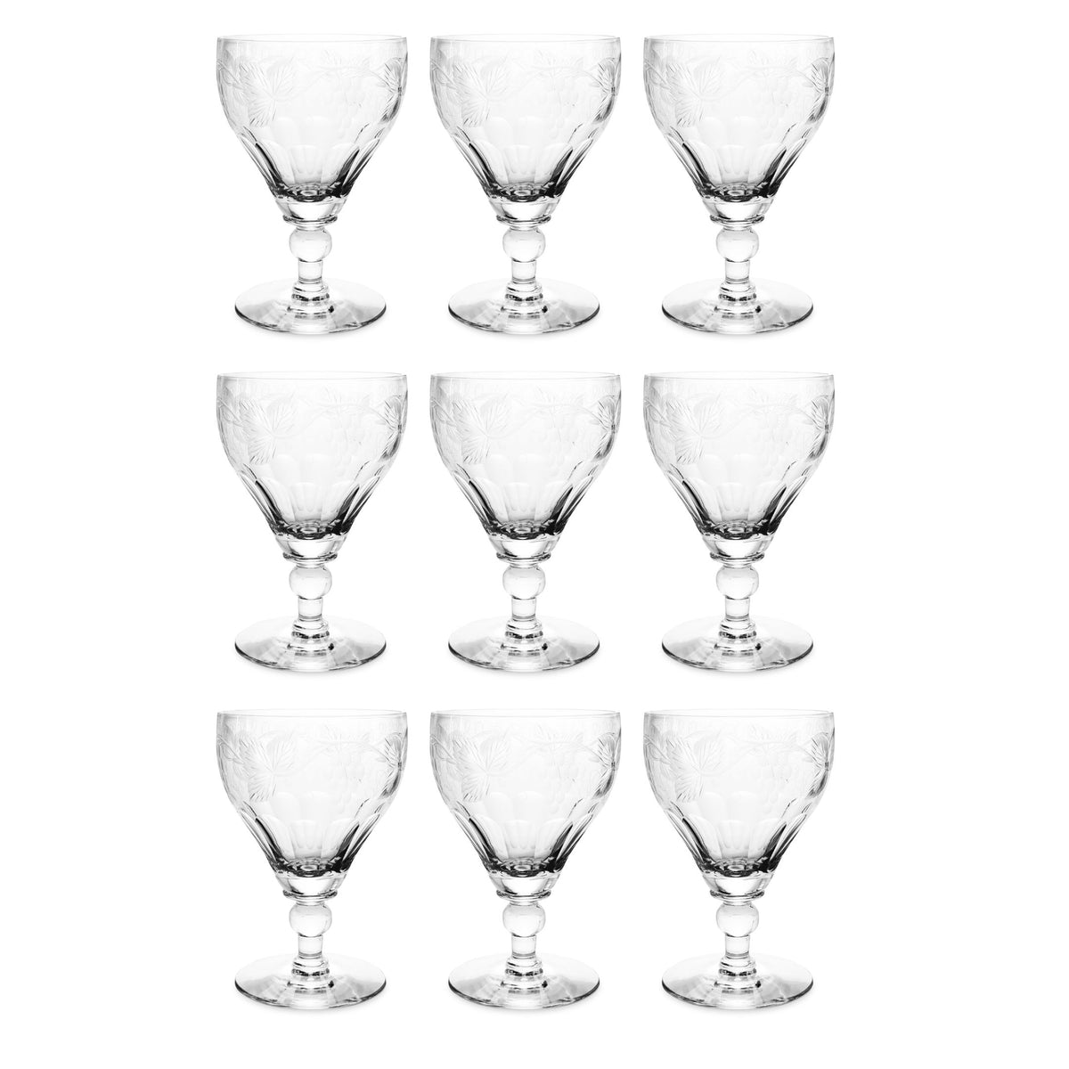 Pairpoint Glass Water Goblets w/ Etched Grapes, Vines & Leaves (9)
