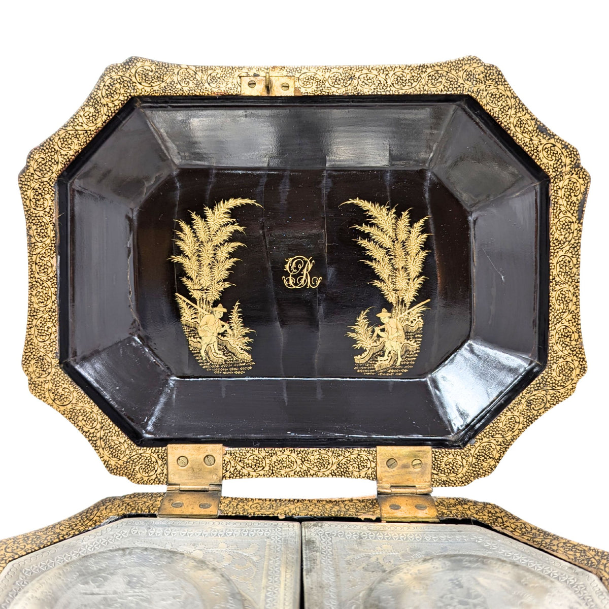 19th Century Chinese Lacquered Tea Caddy w/Pewter Inner Containers