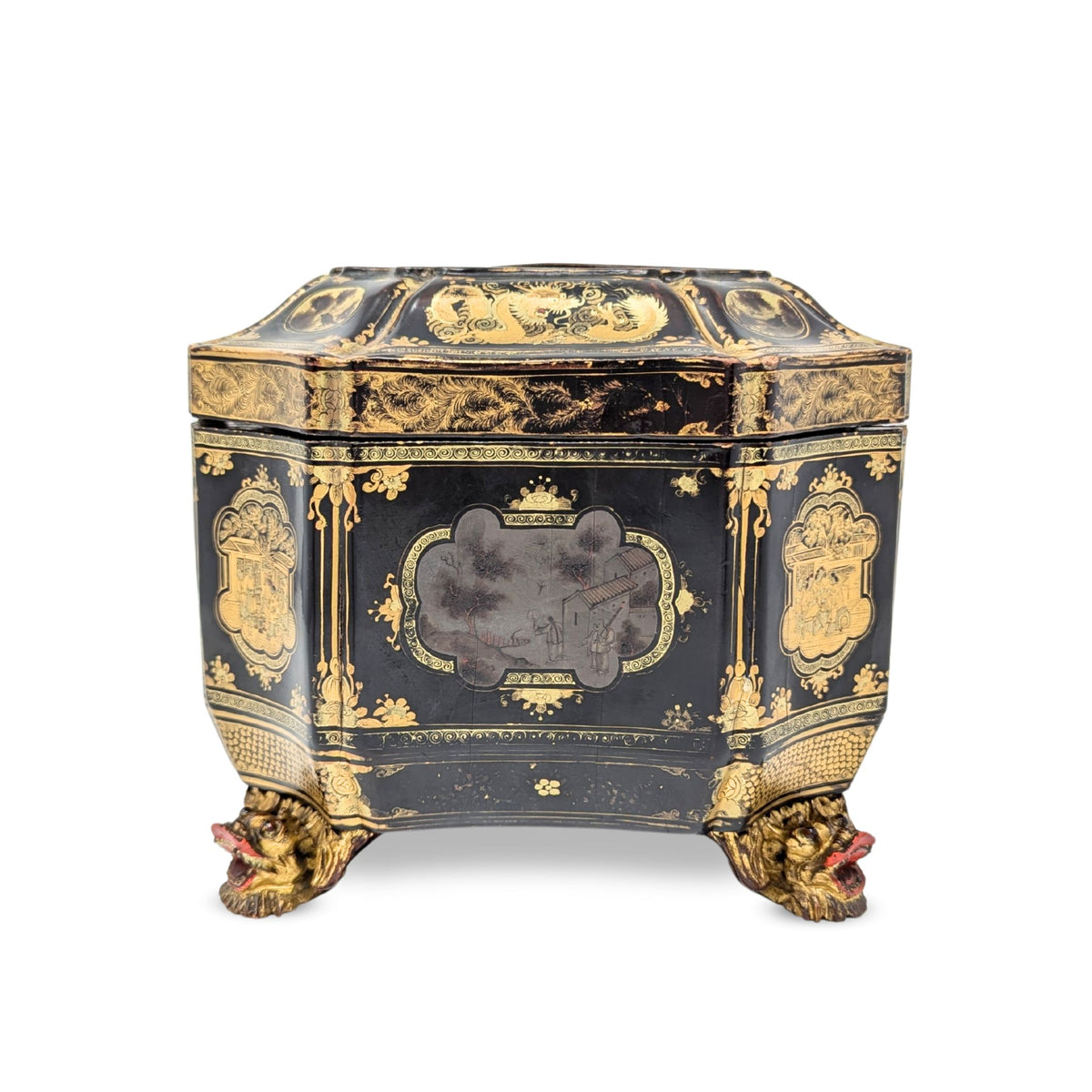 19th Century Chinese Lacquered Tea Caddy w/Pewter Inner Containers