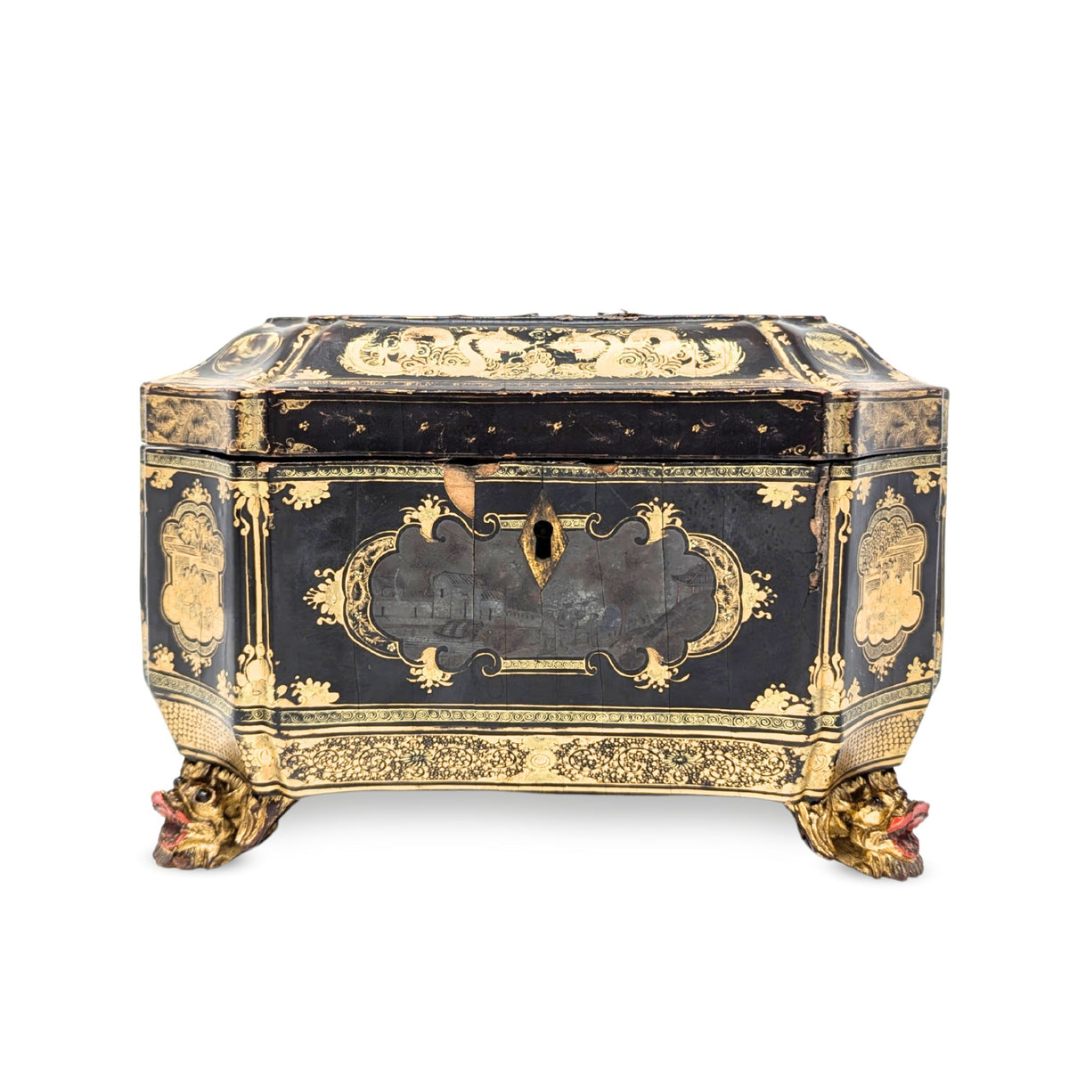 19th Century Chinese Lacquered Tea Caddy w/Pewter Inner Containers