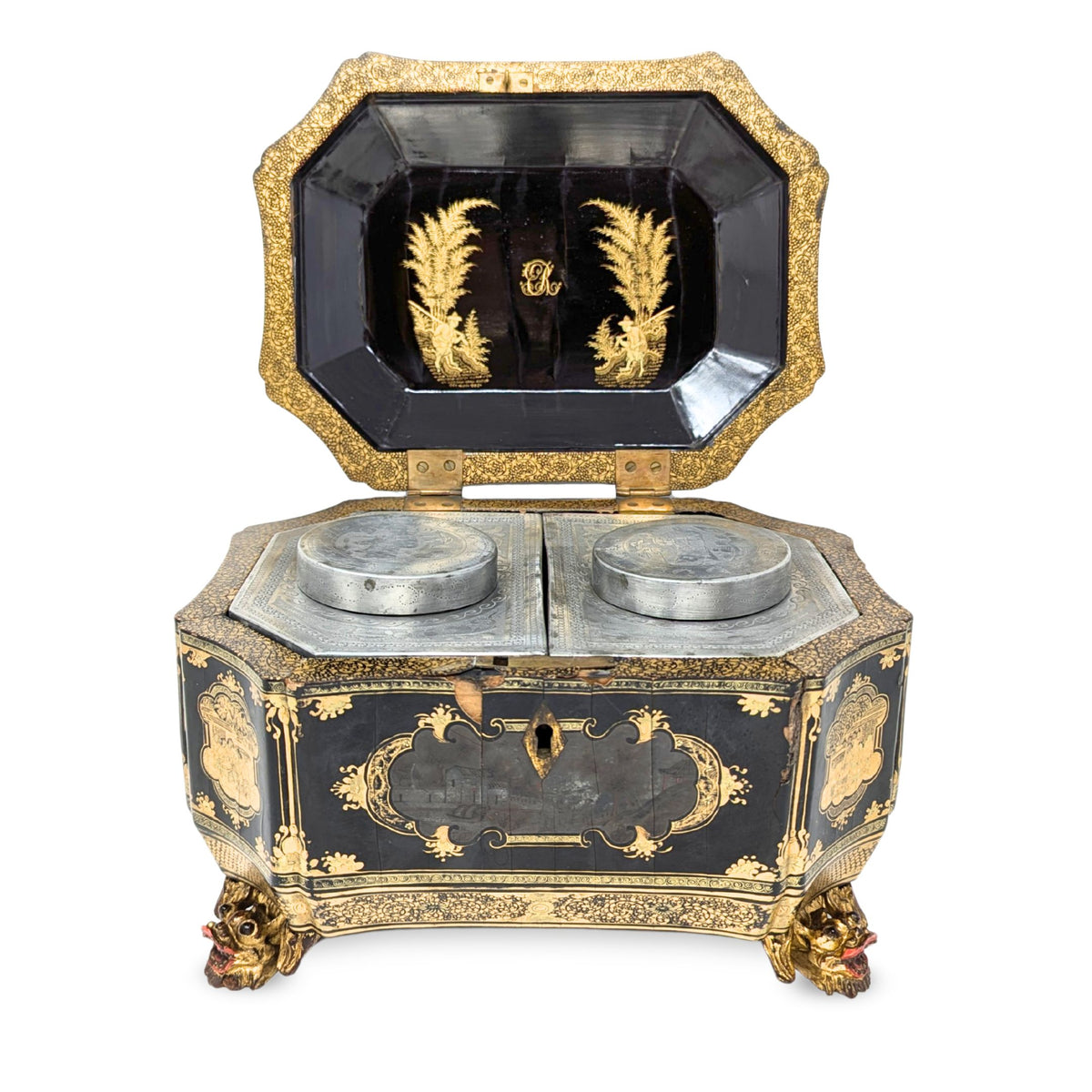 19th Century Chinese Lacquered Tea Caddy w/Pewter Inner Containers