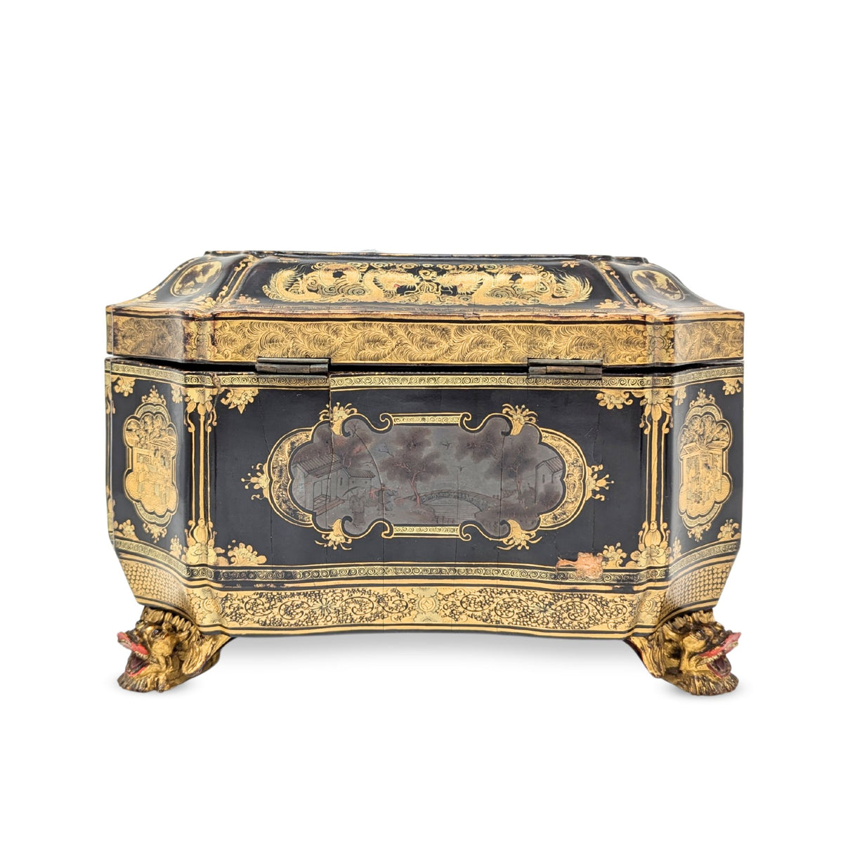 19th Century Chinese Lacquered Tea Caddy w/Pewter Inner Containers