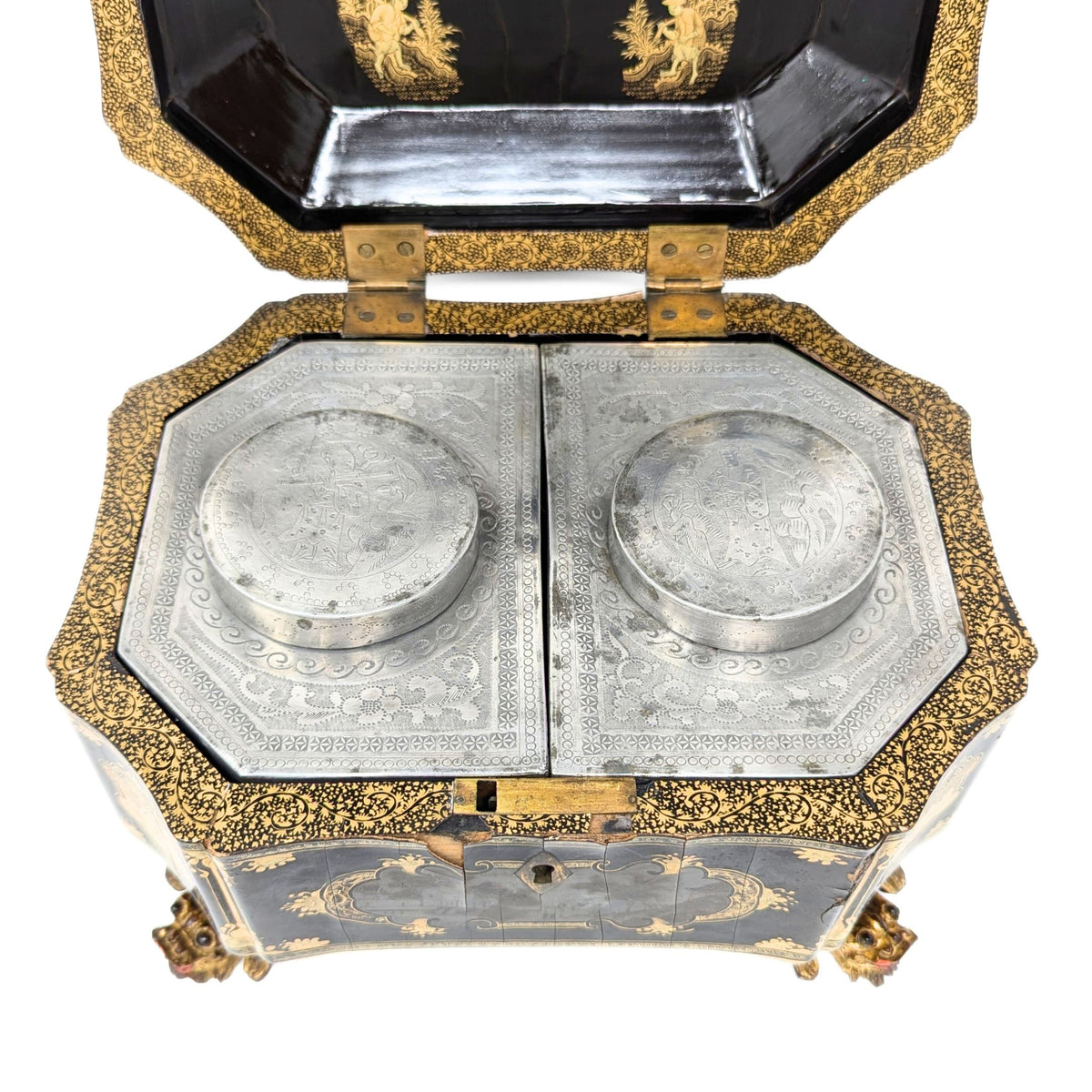 19th Century Chinese Lacquered Tea Caddy w/Pewter Inner Containers