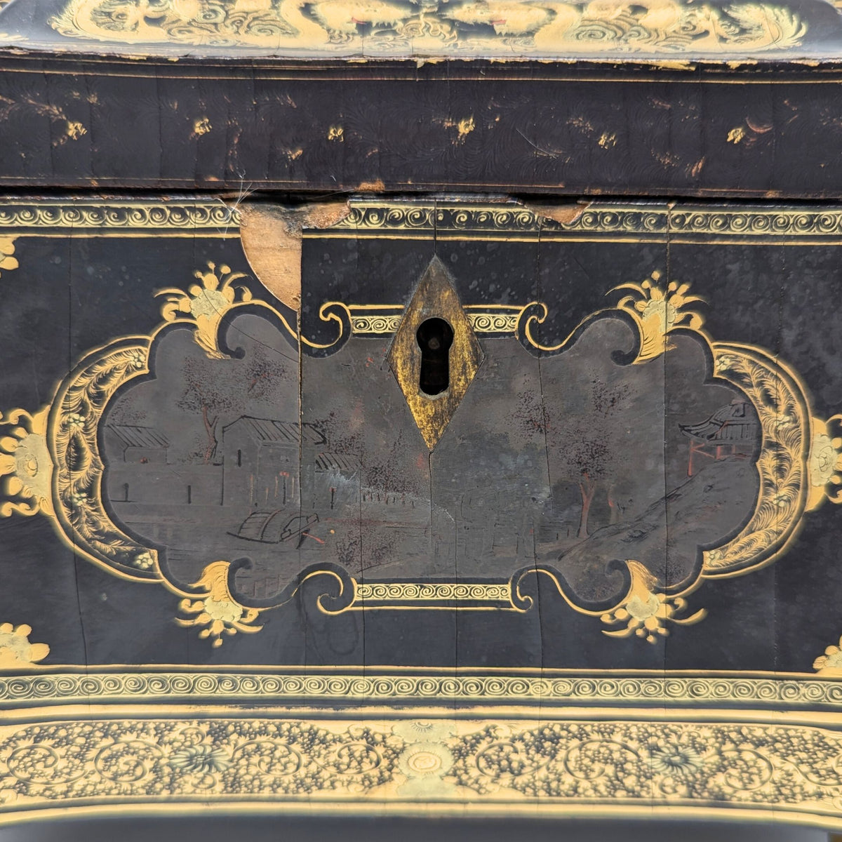 19th Century Chinese Lacquered Tea Caddy w/Pewter Inner Containers