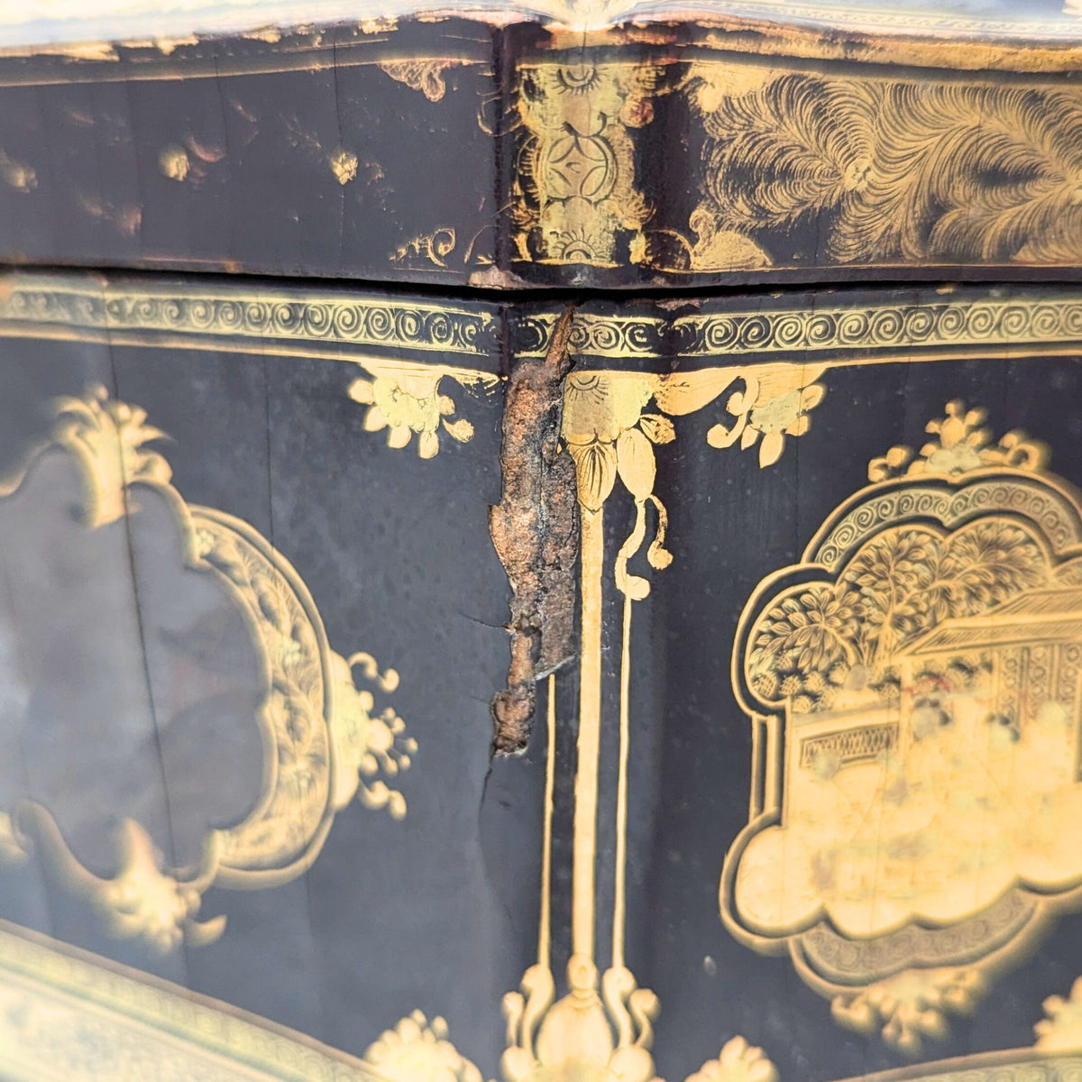 19th Century Chinese Lacquered Tea Caddy w/Pewter Inner Containers