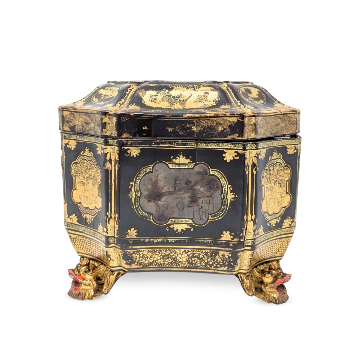 19th Century Chinese Lacquered Tea Caddy w/Pewter Inner Containers