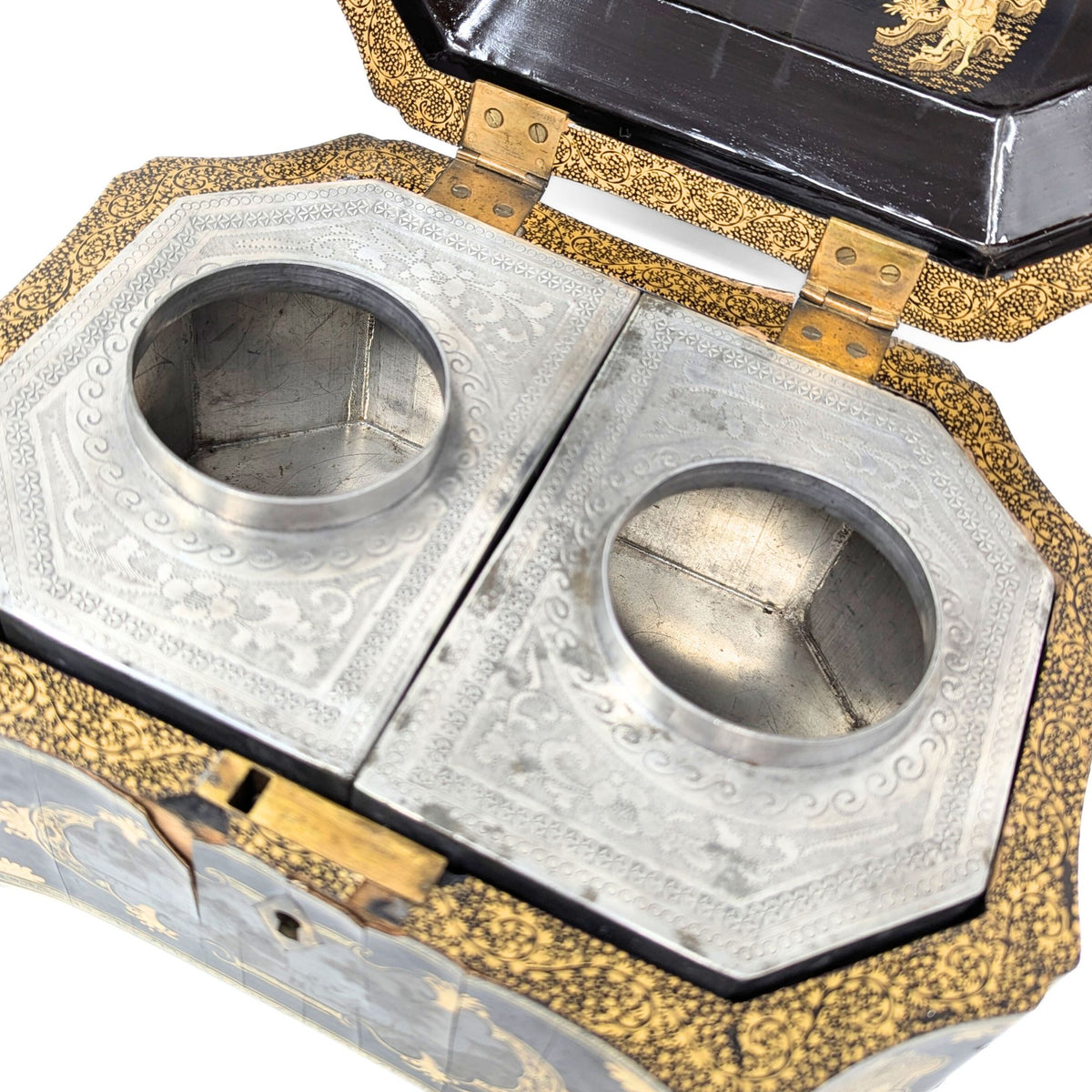 19th Century Chinese Lacquered Tea Caddy w/Pewter Inner Containers