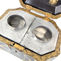 19th Century Chinese Lacquered Tea Caddy w/Pewter Inner Containers