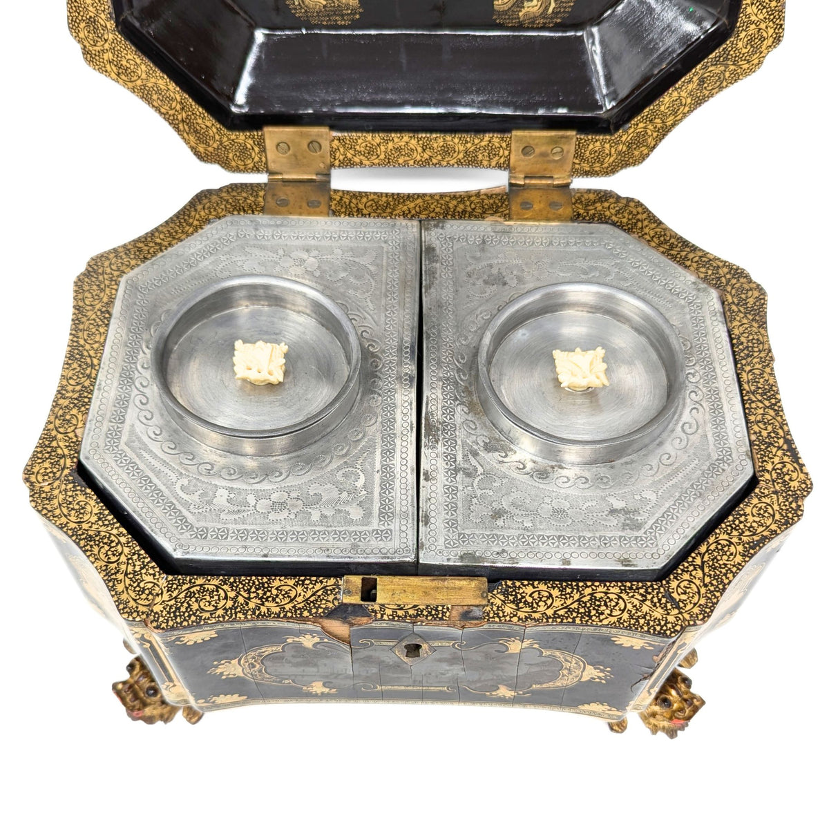 19th Century Chinese Lacquered Tea Caddy w/Pewter Inner Containers