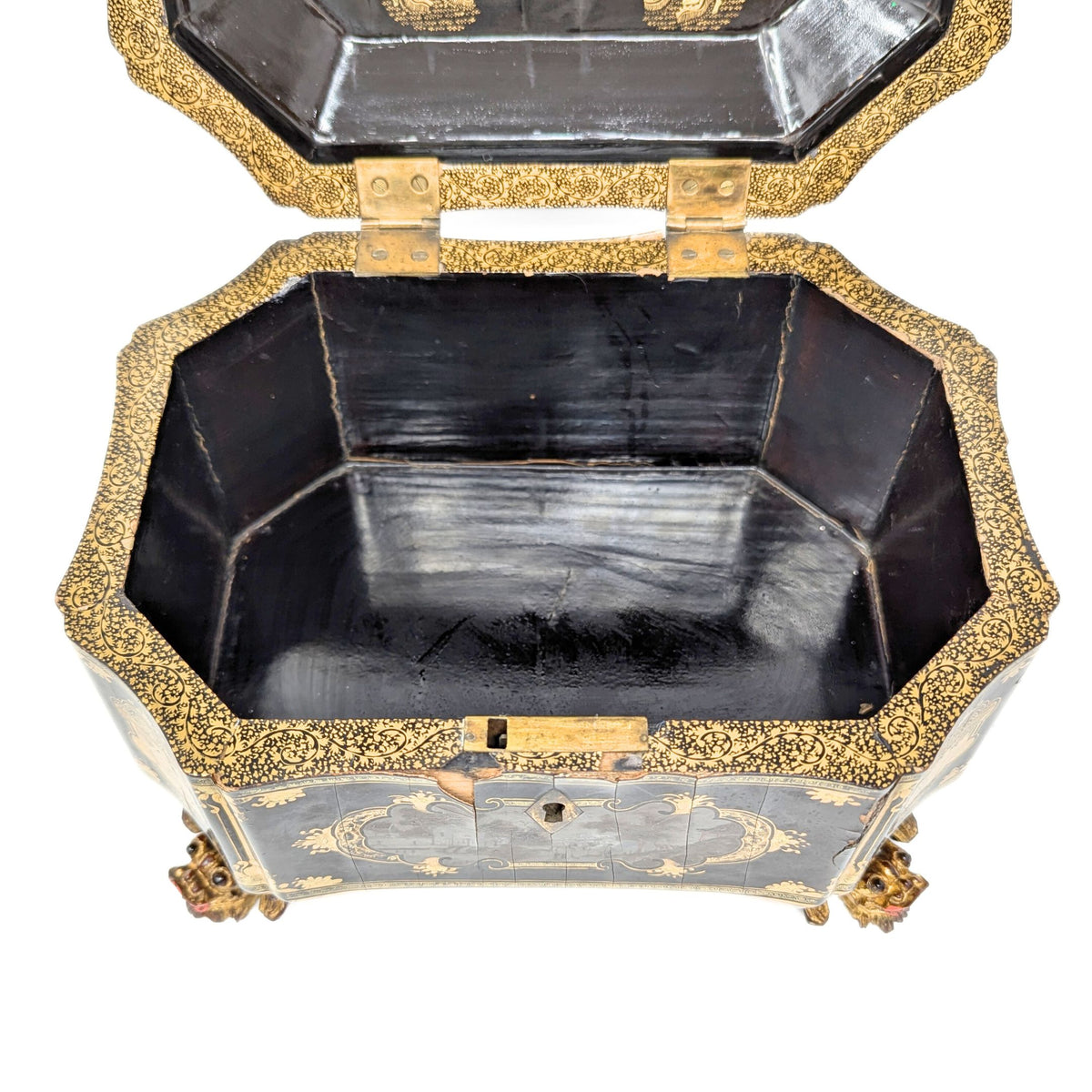 19th Century Chinese Lacquered Tea Caddy w/Pewter Inner Containers