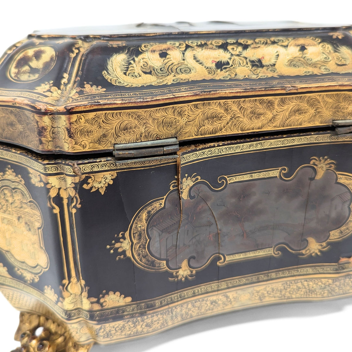 19th Century Chinese Lacquered Tea Caddy w/Pewter Inner Containers