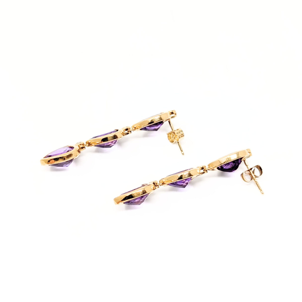 14K Gold Amethyst Triple Heart Dangle Earrings