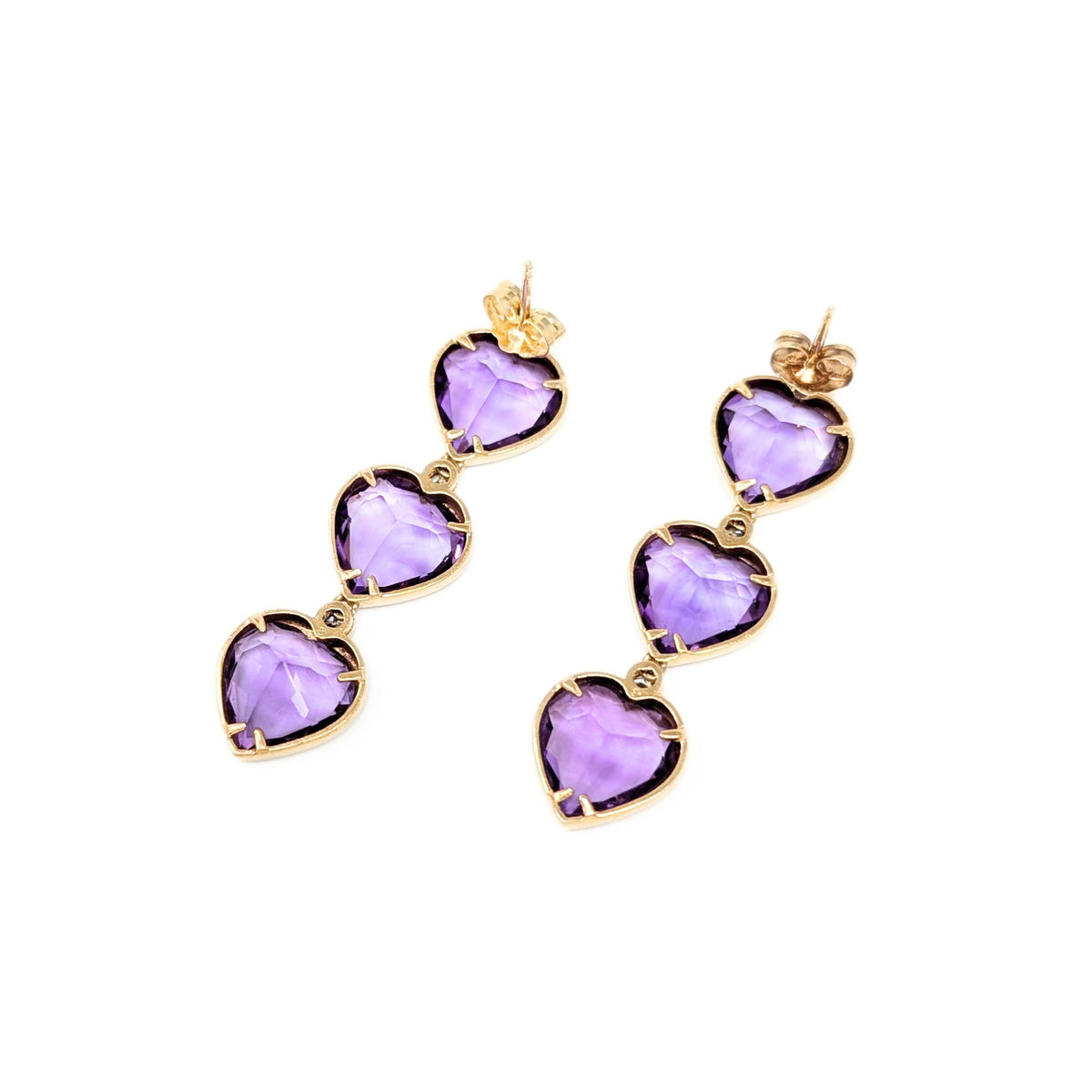 14K Gold Amethyst Triple Heart Dangle Earrings