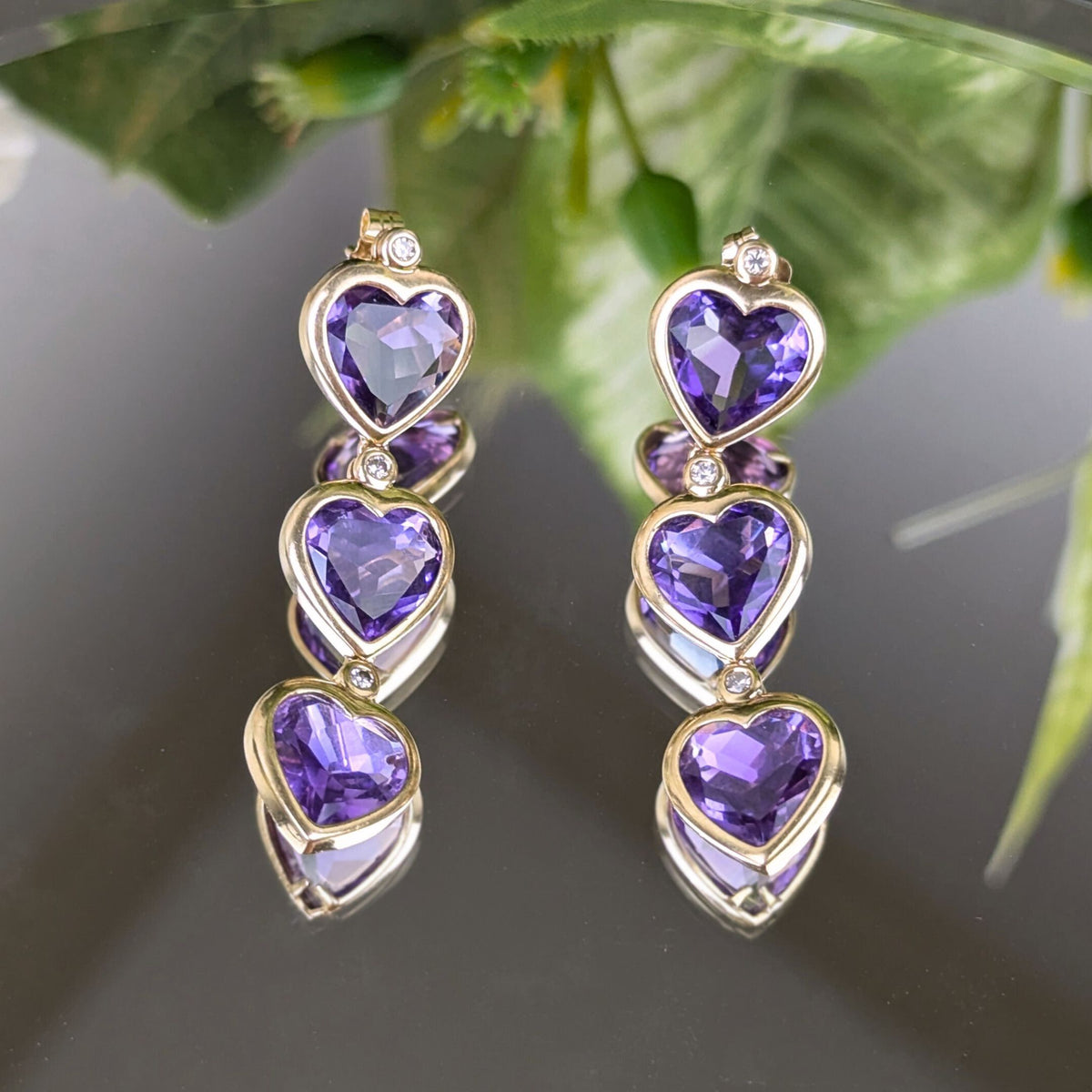 14K Gold Amethyst Triple Heart Dangle Earrings