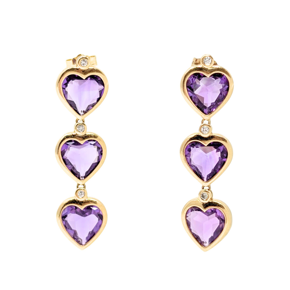 14K Gold Amethyst Triple Heart Dangle Earrings