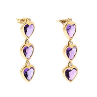 14K Gold Amethyst Triple Heart Dangle Earrings