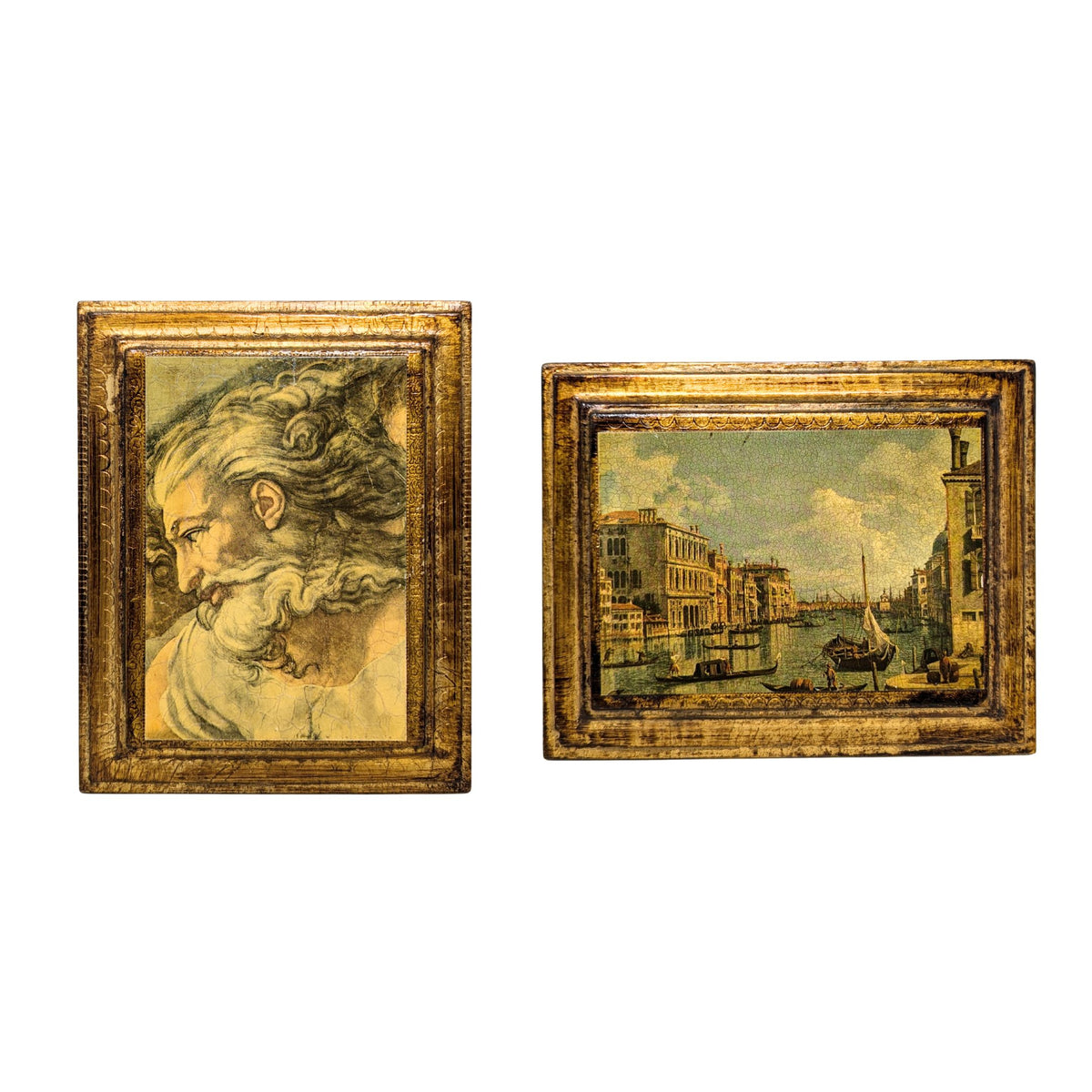 Pair of Vintage Italian Decoupage Prints on Board W/ Gilt Finish