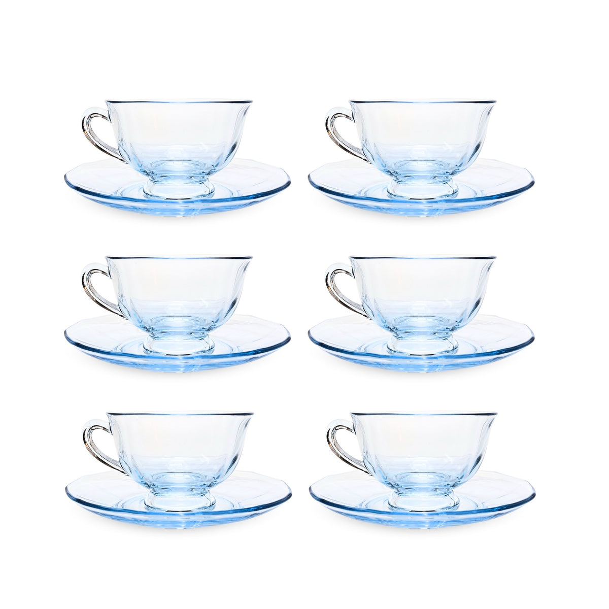 Fostoria "Fairfax" Azure Blue Set of 6 Footed Cups & Saucers