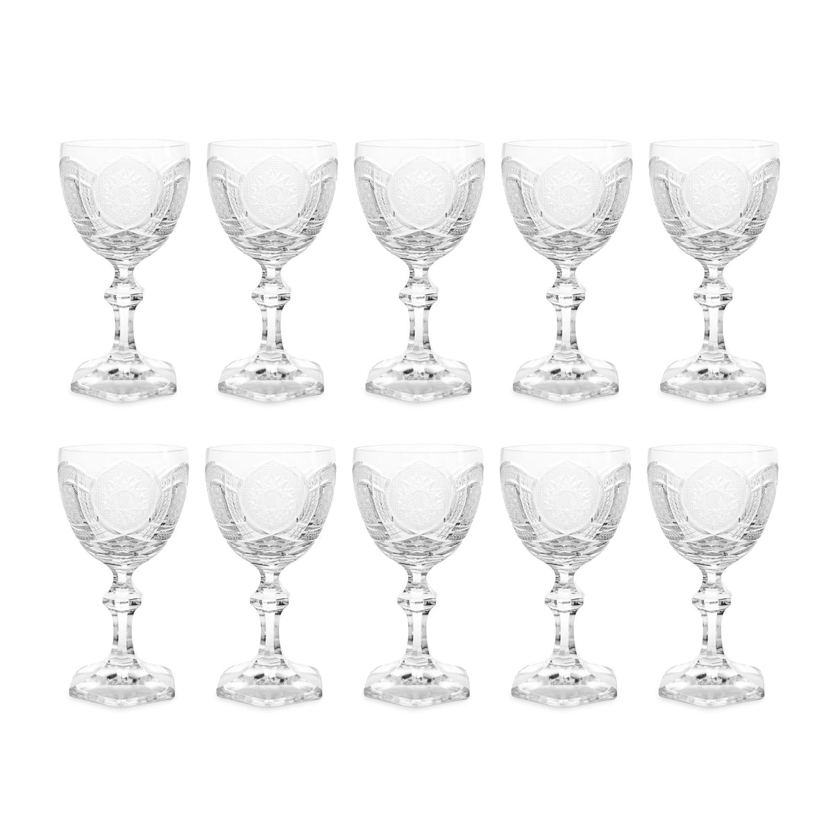 Set of 10 Vintage Fine Cut Crystal Wine Glasses, "R" Monogram