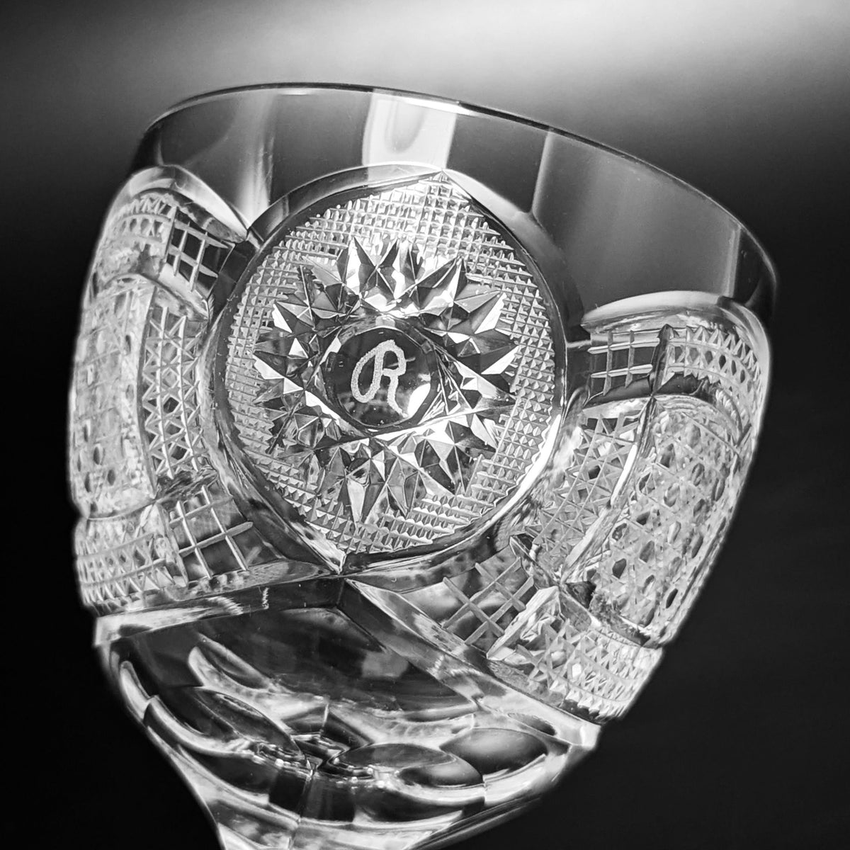 Set of 10 Vintage Fine Cut Crystal Wine Glasses, "R" Monogram